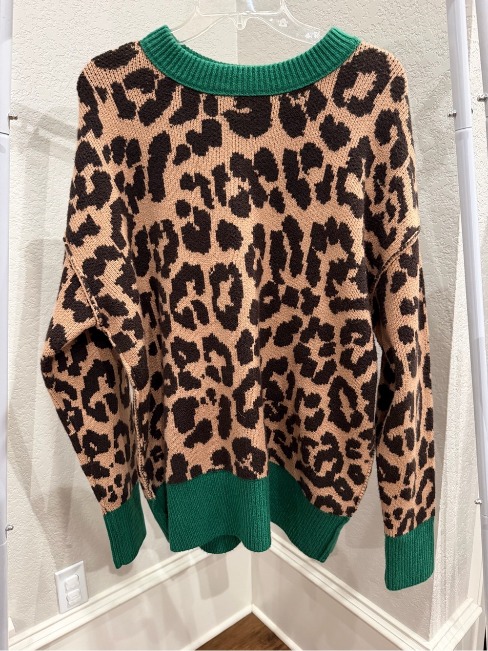 aerie Leopard Print Crewneck Sweater with Green Trim